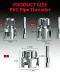 One Inch PVC Pipe Threader Kit With Internal And External Threading, Drill Compatible, Three In One Interchangeable Dies For Plumbing Repairs And DIY Projects, Includes One Half Inch, Three Quarter Inch, And One Inch Dies, product size details.