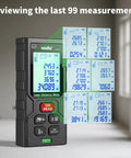 Laser Distance Meter Workhorse with 196 Feet Range displaying recent measurements on backlit LCD screen.