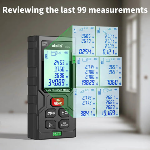 Laser Distance Meter Workhorse with 196 Feet Range displaying recent measurements on backlit LCD screen.