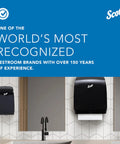 Two black Scott restroom paper dispensers mounted on a white tiled wall beneath a blue banner.