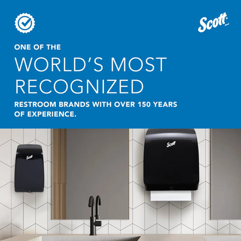 Two black Scott restroom paper dispensers mounted on a white tiled wall beneath a blue banner.