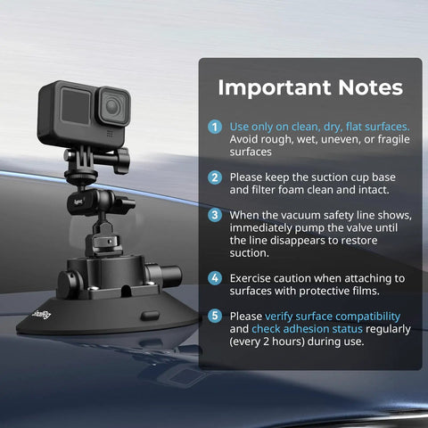 6 Inch Suction Cup Mount With Ball Head Magic Arm for Action Cameras on car windshield with instructions in background.