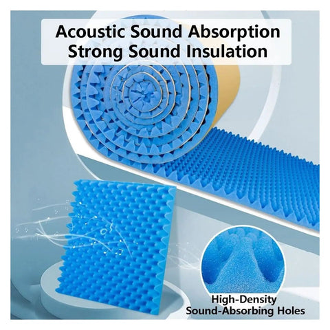 Heavy Duty Self Adhesive Soundproofing Foam Sheet, 3CM Thick Acoustic Insulation Roll, Fire Retardant Noise Dampening Mat For Home Studio And Cinema, Black, Pro Level Quality, Straight Up Top Tier rolled and flat blue foam sheets on display.