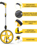 Measuring Wheel For Feet And Inches With Mechanical Double Collapsible Design One Key Reset Kickstand Start Point Arrow And Cloth Carrying Bag 9999 Feet Max Distance with ergonomic rubber handle and thickened tires.