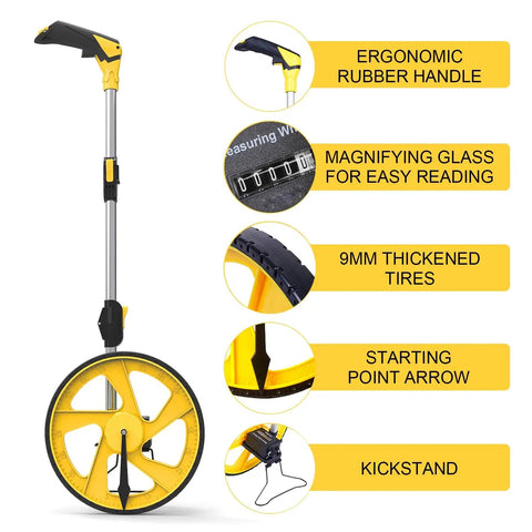 Measuring Wheel For Feet And Inches With Mechanical Double Collapsible Design One Key Reset Kickstand Start Point Arrow And Cloth Carrying Bag 9999 Feet Max Distance with ergonomic rubber handle and thickened tires.