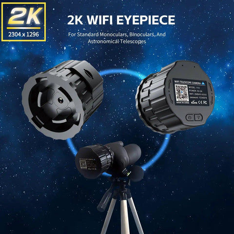 2K WiFi eyepiece camera for telescopes, showing two angles of the 4MP digital device, compatible with optical systems.