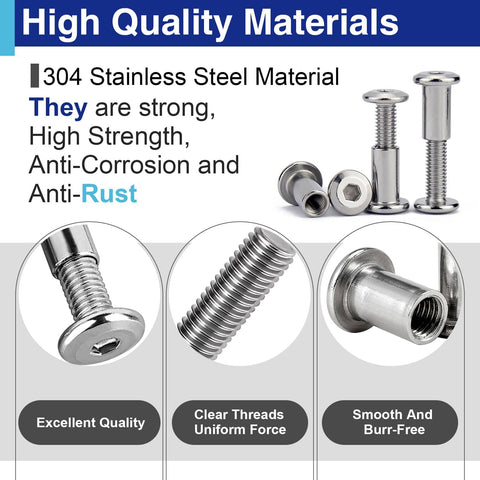 M6 Barrel Nuts And Bolts Set With Hex Socket Binding Screws 7.6mm 20mm 25mm 40mm Pro Grade Stainless Steel 304 30 Sets