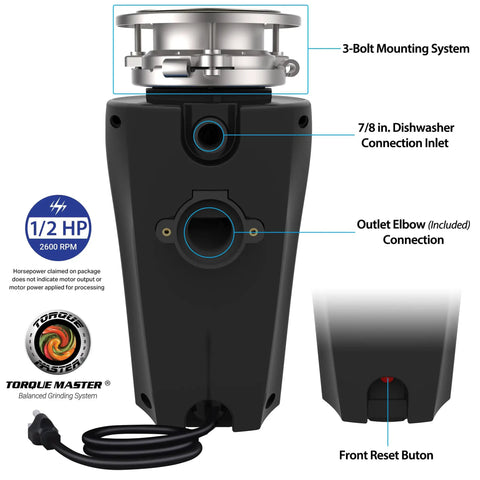Gutsy Half HP Garbage Disposal With Torque Master Grinding System, Stainless Steel Impellers, 120V Power Cord, Black