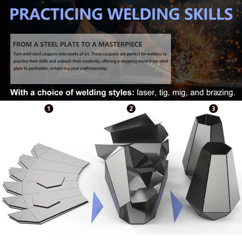 Two Vase Welding Practice Kit For Beginners, 17 gauge mild steel plates shown in assembly steps for TIG MIG laser stick brazing.