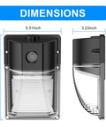 Front and side view of Dusk To Dawn Photocell LED Wall Pack Light with dimensions labeled, 3600 Lumens, 5000K Daylight, IP65, 120V, 2 Pack