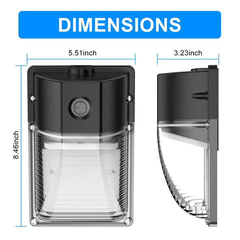 Front and side view of Dusk To Dawn Photocell LED Wall Pack Light with dimensions labeled, 3600 Lumens, 5000K Daylight, IP65, 120V, 2 Pack