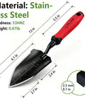 Heavy Duty Stainless Steel Garden Trowel With Non Slip Rubber Handle For Digging Weeding Transplanting And Soil Scooping Serrated Three Inch Edge For Cutting Roots And Weeds Built Tough Workhorse For Rocky Dirt shown with dimensions, ruler scale, and 53HRC hardness.