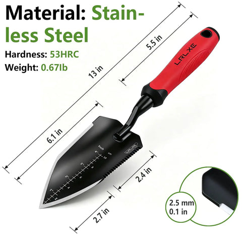 Heavy Duty Stainless Steel Garden Trowel With Non Slip Rubber Handle For Digging Weeding Transplanting And Soil Scooping Serrated Three Inch Edge For Cutting Roots And Weeds Built Tough Workhorse For Rocky Dirt shown with dimensions, ruler scale, and 53HRC hardness.