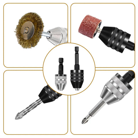 Two Pack Keyless Drill Chuck Set For Impact Driver With Quick Change One Quarter Inch Hex Shank Dual Size Chucks Zero Point Three To Six Point Five Millimeters And Zero Point Three To Three Point Six Millimeters Easy Bit Swaps Conversion Adapter