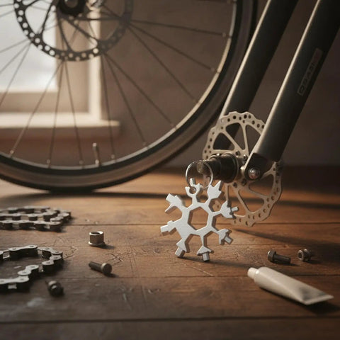 Compact Snowflake Shaped Multi Tool Wrench for Eyewear, Bike and Camping Repairs, metal EDC hex key set on wooden surface