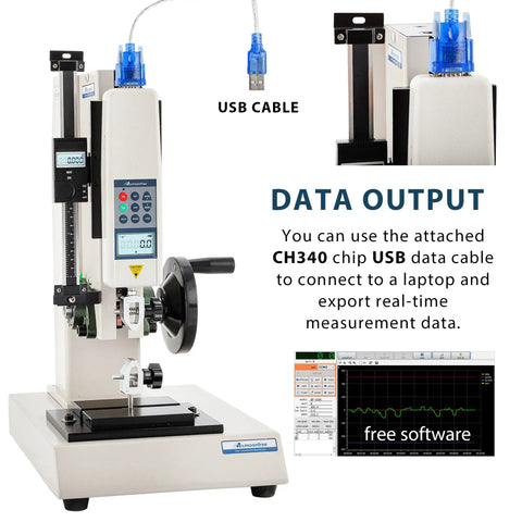 500N Force Gauge With Wheel Operated Test Stand 180mm Stroke USB Data Output 999 Peak Data Storage Free Software For Exporting Test Data And Charts Includes CH340 Cable, front view