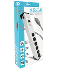 Packaging of Industrial Grade Heavy Duty Steel Power Strip with 6 Outlet, 25 Foot Cord, 20 Amp, and 900 Joule Surge Protector.