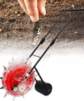 Hand Push Roller Seeder With Fertilizer Spreader, Manual Garden Seeder And Row Planter, red and black design, soil background