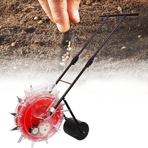 Hand Push Roller Seeder With Fertilizer Spreader, Manual Garden Seeder And Row Planter, red and black design, soil background