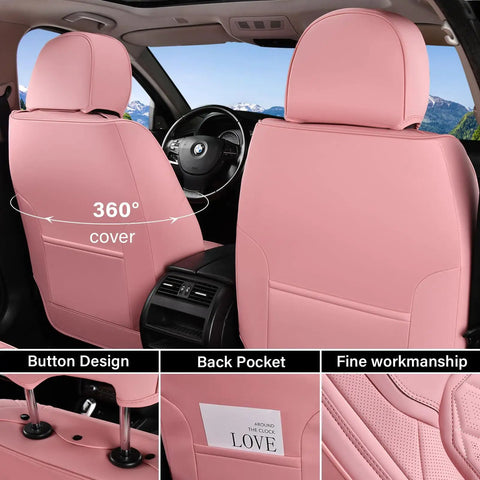 Pink Leather Car Seat Covers Full Set For Most Cars, Universal Waterproof Front And Back Seat Protector, rear view with pocket