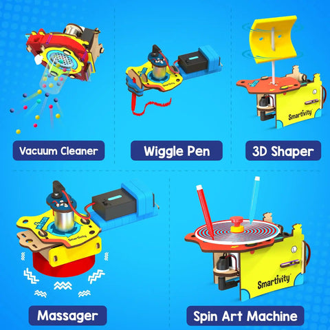 Motor Powered 10 In 1 STEM Kit For Kids Build 10 Plus Working Gadgets With One Motor, featuring vacuum cleaner and spin art machine.