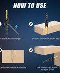 Four-step guide for using Countersink Drill Bit Set For Wood With Dual Flute 82 Degree Countersink, Five HSS Bits
