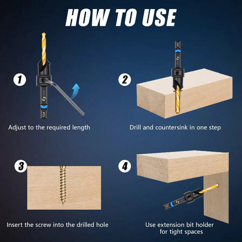Four-step guide for using Countersink Drill Bit Set For Wood With Dual Flute 82 Degree Countersink, Five HSS Bits