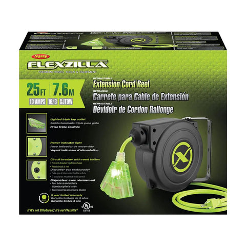 Packaging of Retractable 25 Ft Extension Cord Reel With 16/3 SJTOW Oil Resistant Cable, Lighted Triple Tap Outlet, Power Indicator