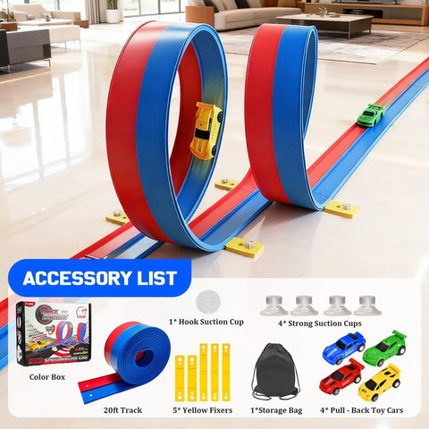 20ft Flex Roll Up Slot Car Race Track For Kids With Four Alloy Cars Portable Storage Bag Strong Suction Cups And Five Track Stabilizers
