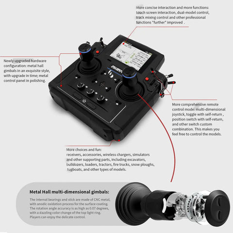Top Tier 18 Channel RC Transmitter With 3.5 Inch TFT Touchscreen And Crisp 5D Hall Sensor Gimbals showing controls and joysticks.