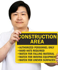 Image of Construction Zone Warning Sign 10 By 14 Inches Heavy Duty Aluminum Plate Authorized Personnel Only Hard Hats Required Rust Proof.