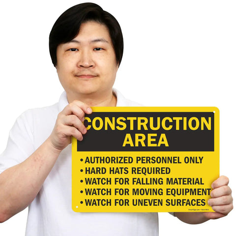 Image of Construction Zone Warning Sign 10 By 14 Inches Heavy Duty Aluminum Plate Authorized Personnel Only Hard Hats Required Rust Proof.