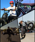 Collage showing 750W Fat Tire Electric Bike For Adults With Wheelie Capability, 20 MPH Top Speed, 28 Mile Range With PAS1.
