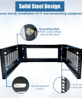 Solid Steel Design of Heavy Duty Wall Mount Network Rack With 19 Inch Width And 14 Inch Depth showcasing grounding stud and cable cutouts.