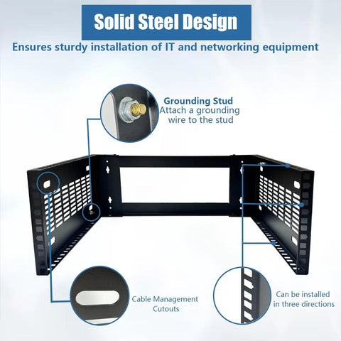 Solid Steel Design of Heavy Duty Wall Mount Network Rack With 19 Inch Width And 14 Inch Depth showcasing grounding stud and cable cutouts.