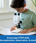 Beginner Stereo Microscope For Kids Eight To Twelve, Electronic Stereoscope Viewer Easy To Use With Specimens, Kid Friendly Microscope Kit For Home Science, Classroom Exploration And Outdoor Learning; boy using white stereo microscope