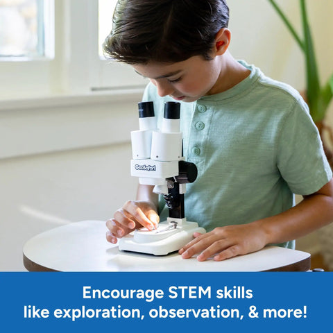 Beginner Stereo Microscope For Kids Eight To Twelve, Electronic Stereoscope Viewer Easy To Use With Specimens, Kid Friendly Microscope Kit For Home Science, Classroom Exploration And Outdoor Learning; boy using white stereo microscope