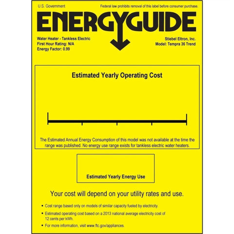 EnergyGuide label for Top Shelf Electric Tankless Water Heater 36Kw 240V showing estimated yearly operating cost.