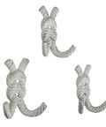 Top Shelf Nautical Rope Knot Wall Hooks Set Of Three Tough Cast Iron Antique White Finish, showcasing three hooks with rope knot design.