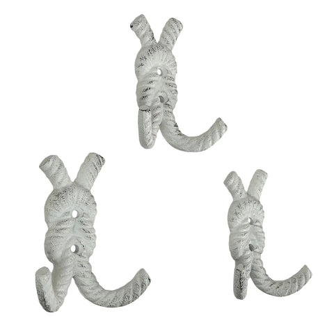 Top Shelf Nautical Rope Knot Wall Hooks Set Of Three Tough Cast Iron Antique White Finish, showcasing three hooks with rope knot design.