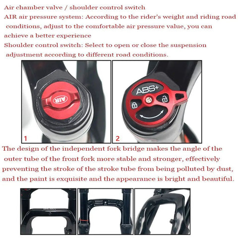 Close-up of Snow Mountain Bike Front Suspension Fork 26 Inch Pneumatic Shock Absorbers with rebound adjustment and controls