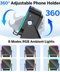 Induction Wireless Speaker With Phone Stand Five In One Bluetooth Speaker showing 360 degree adjustable holder and RGB lights