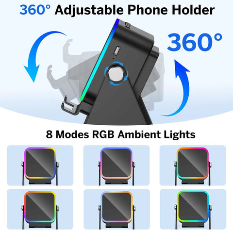 Induction Wireless Speaker With Phone Stand Five In One Bluetooth Speaker showing 360 degree adjustable holder and RGB lights