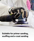 Cubitron II Hookit Clean Ceramic Sanding Disc 6 Inch 400 Plus Grit in use on sander for primer and e-coat sanding