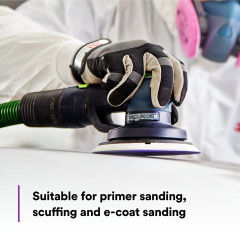 Cubitron II Hookit Clean Ceramic Sanding Disc 6 Inch 400 Plus Grit in use on sander for primer and e-coat sanding
