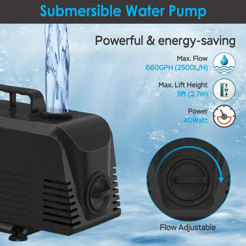 All In One Pond Waterfall Kit With LED Lights 8 Inch Stainless Steel Spillway 660 GPH Pump showing flow controls