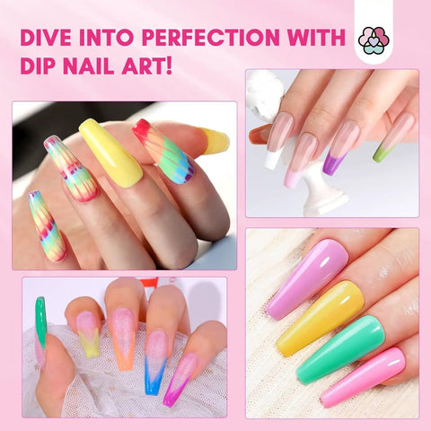 Colorful nails using Dip Powder Nail Kit With Drill Starter Set For DIY Mani, 30 Colors Dip Powder Collection, on multiple hands.