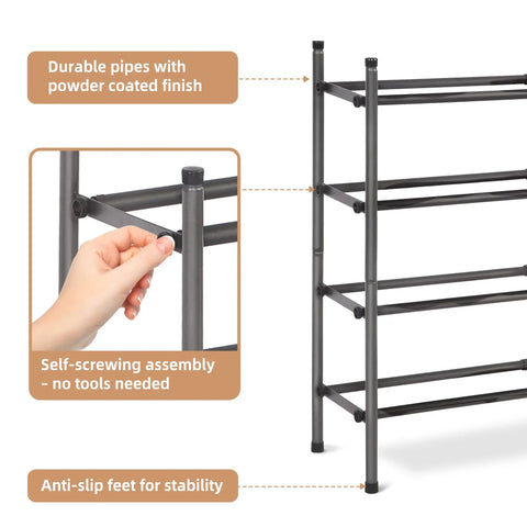 Expandable Four Tier Shoe Rack With Metal Construction Stackable And Adjustable From 17.7 To 32.3 Inches assembly and features