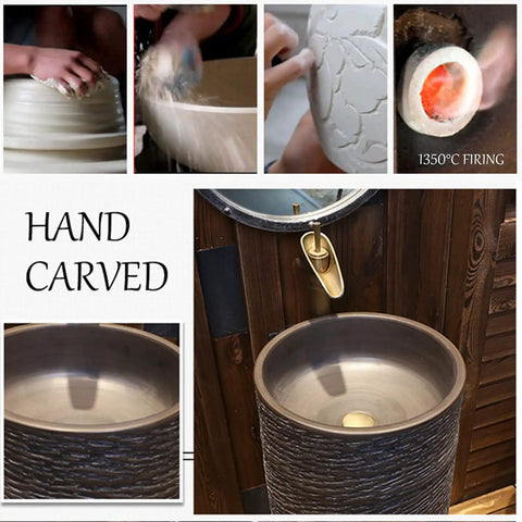 Heavy Duty Ceramic Pedestal Bathroom Sink And Vessel Combo Includes Faucet Drain And Handy Shelf Space Built Tough For Indoor Outdoor Use With Easy Peasy Plumbing Install, showcasing hand-carved design and high firing process.