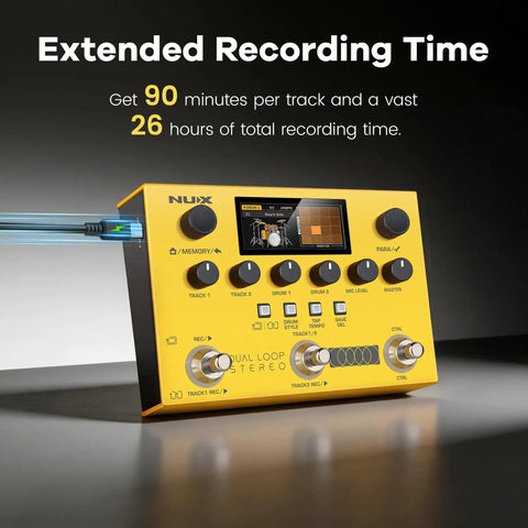 Image showing Dual Track Stereo Looper Pedal For Electric Guitar With Dual Drum Machine, features extended recording time.